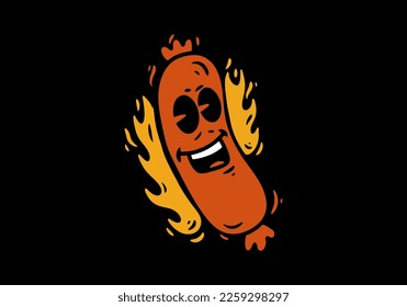 sausage character illustration with a flame beside it