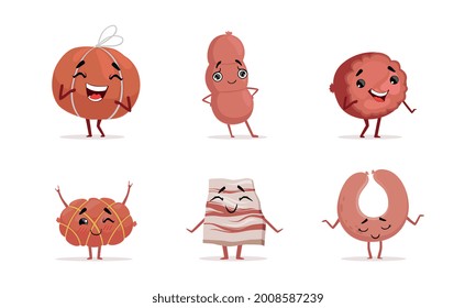 Sausage Characters Set, Cute Sausages with Funny Faces Cartoon Vector Illustration