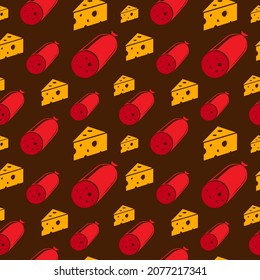 Sausage and cheese on a brown background, seamless pattern, texture for design, vector illustration