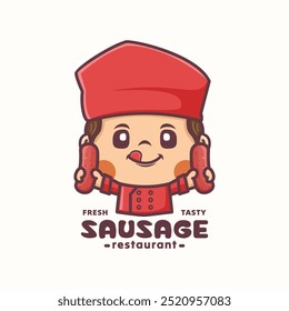sausage chef cartoon mascot logo template design, vector illustration in outline style.