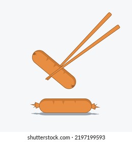 the sausage is clamped with chopsticks and the other sausage is still wrapped