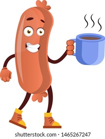 Sausage with coffee, illustration, vector on white background.