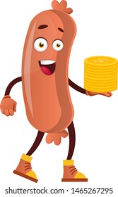 Sausage with coins, illustration, vector on white background.