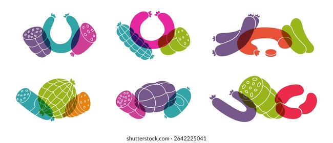 Sausage color icon set. Delicious salami, beef sausage. Butchery menu logo template. Vector illustration.