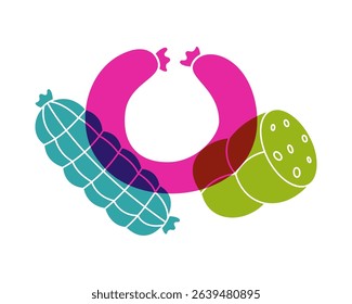 Sausage color icons. Salami sausage, fat sausages. Meat products logo template. Vector illustration.