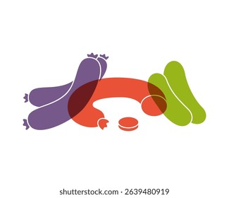 Sausage color icons. Sausage with slices, raw sausage. Butchery menu logo template. Vector illustration.