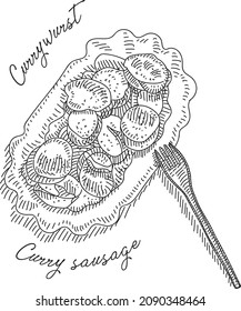 Sausage with the curry sauce German traditional fast food. The sausage with the curry sauce - hand-drawn sketchy illustration. 