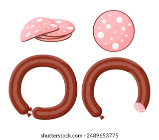 Sausage, cut sausage slices with fat. Boiled smoked sausage meat product. Vector illustration in flat style