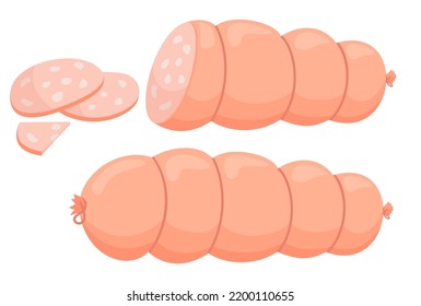 Sausage, cut sausage slices.   Sliced flat sausage. A stick of sausage. Isolated on white background. Vector illustration.