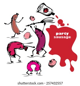 sausage dancing at a party on a white background . background tomato blot . vector2