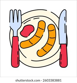 Sausage Dish Doodle style, a plate with sausages and cutlery, representing a meal, suitable for breakfast menus, culinary infographics, and food-related designs.
