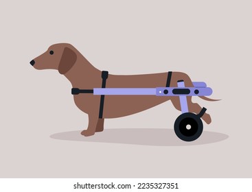 A sausage dog with moving disability using a wheelchair support