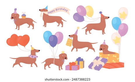 Sausage dog party set. Funny dachshund birthday christmas romantic holidays. Cute greetings dogs with gift balloons cake. Cute racy vector pet characters