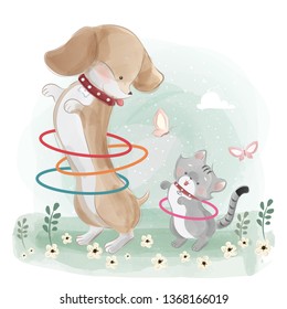 Sausage Dog Playing with the Little Kitten