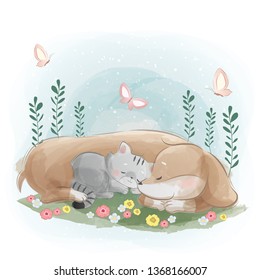 Sausage Dog Sleeping with the Little Kitten