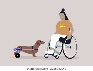 A sausage dog with their female Asian owner, both using wheelchair support due to moving disability