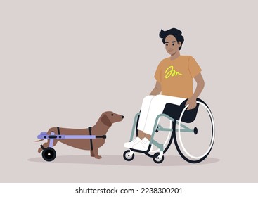 A sausage dog with their male Caucasian owner, both using wheelchair support due to moving disability 