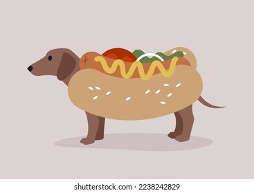 A sausage dog wearing a hotdog costume decorated with sesame seeds, tomato, lettuce, onion, and mustard