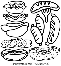 sausage doodle art vector illustration set. sausage doodle set. food doodle. suitable for sticker set, icon, logo, and graphic design element