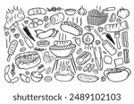 Sausage doodle, sausage barbecue drawing vector