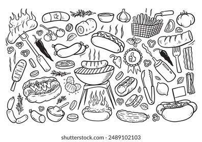 Sausage doodle, sausage barbecue drawing vector