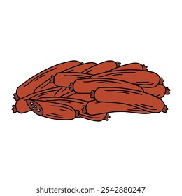 Sausage doodle, cooking nutrient. Hand-drawn protein food, proper eating, healthy diet. Sketch, minimalism, line art. Isolated. Vector illustration