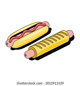 Sausage dough and hot dog. Vector 3d sketch line isometric, color icon illustration, flat style. Creative design idea and elements for infographics and website.
