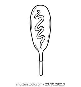 Wurst im Teig auf einem Stock mit Senf. Maishund. Lineares Fast Food-Symbol. amerikanisches oder koreanisches Straßenessen. Handgezeichnete doodle-Illustration.