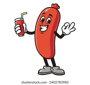 sausage with a drink cartoon mascot illustration character vector clip art