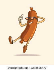 a sausage with a face with glasses, legs and arms