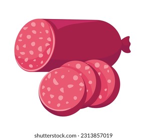 Sausage with fat, isolated meat products for breakfast or dinner. Tasty food for eating, butcher shop or store with fresh homemade ingredients for cooking and preparing dish. Vector in flat style