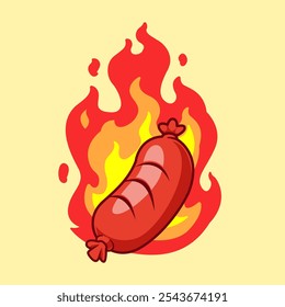 Sausage With Fire Cartoon Vector Icon Illustration. Food Object Icon Concept Isolated Premium Vector. Flat Cartoon Style