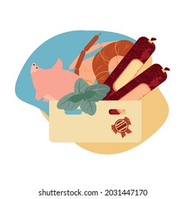 Sausage flat composition with delicious meat products and high quality badge vector illustration