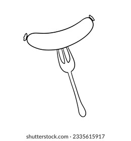 Sausage and Fork isolated on white. Food illustration of barbecue for restaurant menu or Oktoberfest design. Outline doodle icon