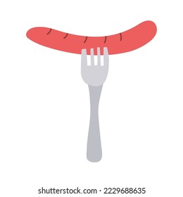 Sausage with fork on white background for web. Vector isolated image for design of diner or cafe