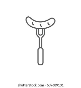 Sausage in the fork outline icon. BBQ party symbol.