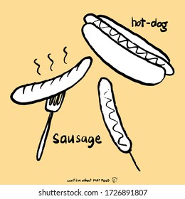 Sausage in fork and smoke and hot dog in sketch brush style. In two difference types. Isolated on yellow background. Hand drawn vector illustration fast food. Icon