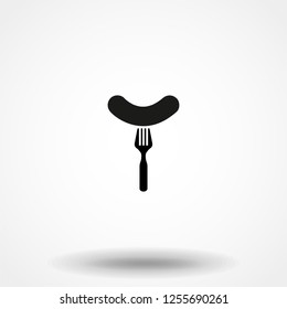 Sausage, fork and steam. Simple icon. Vector Image.