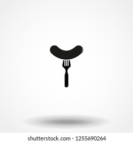 Sausage, fork and steam. Simple icon. Vector Image.