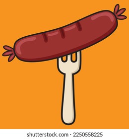 sausage with a fork that looks delicious brown, in cartoon shape, eps, vector, can be used as an additional design with a food theme