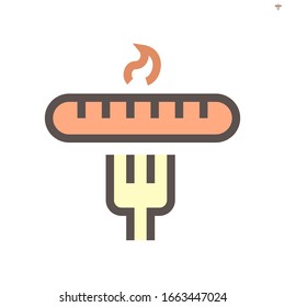 Sausage and fork vector icon. May called hot dog, hotdog. Food or snack product made from meat, pork or beef. To cook by fried, grill on barbecue (BBQ) for eat in breakfast, lunch or dinner. 48x48 px.