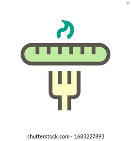Sausage and fork vector icon. May called hot dog, hotdog. Food or snack product made from meat, pork or beef. To cook by fried, grill on barbecue (BBQ) for eat in breakfast, lunch or dinner. 48x48 px.