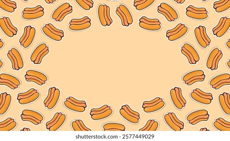 sausage. frame. Hot dog. an empty frame of hot dogs. fast food. delicious fast food. street food with sausage. vector. Beautiful food-themed pattern. meal. packaging for food products. bun.