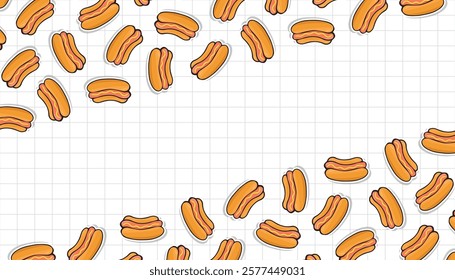 sausage. frame. Hot dog. an empty frame of hot dogs. fast food. delicious fast food. street food with sausage. vector. Beautiful food-themed pattern. meal. packaging for food products. bun.