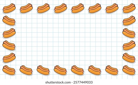 sausage. frame. Hot dog. an empty frame of hot dogs. fast food. delicious fast food. street food with sausage. vector. Beautiful food-themed pattern. meal. packaging for food products. bun.