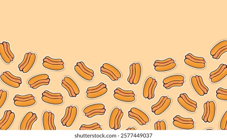 sausage. frame. Hot dog. an empty frame of hot dogs. fast food. delicious fast food. street food with sausage. vector. Beautiful food-themed pattern. meal. packaging for food products. bun.