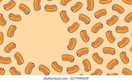 sausage. frame. Hot dog. an empty frame of hot dogs. fast food. delicious fast food. street food with sausage. vector. Beautiful food-themed pattern. meal. packaging for food products. bun.