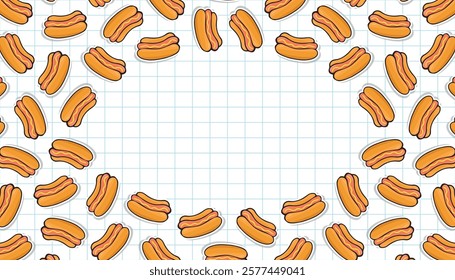 sausage. frame. Hot dog. an empty frame of hot dogs. fast food. delicious fast food. street food with sausage. vector. Beautiful food-themed pattern. meal. packaging for food products. bun.