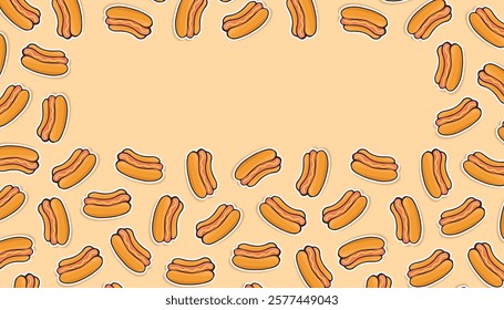 sausage. frame. Hot dog. an empty frame of hot dogs. fast food. delicious fast food. street food with sausage. vector. Beautiful food-themed pattern. meal. packaging for food products. bun.