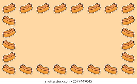 sausage. frame. Hot dog. an empty frame of hot dogs. fast food. delicious fast food. street food with sausage. vector. Beautiful food-themed pattern. meal. packaging for food products. bun.